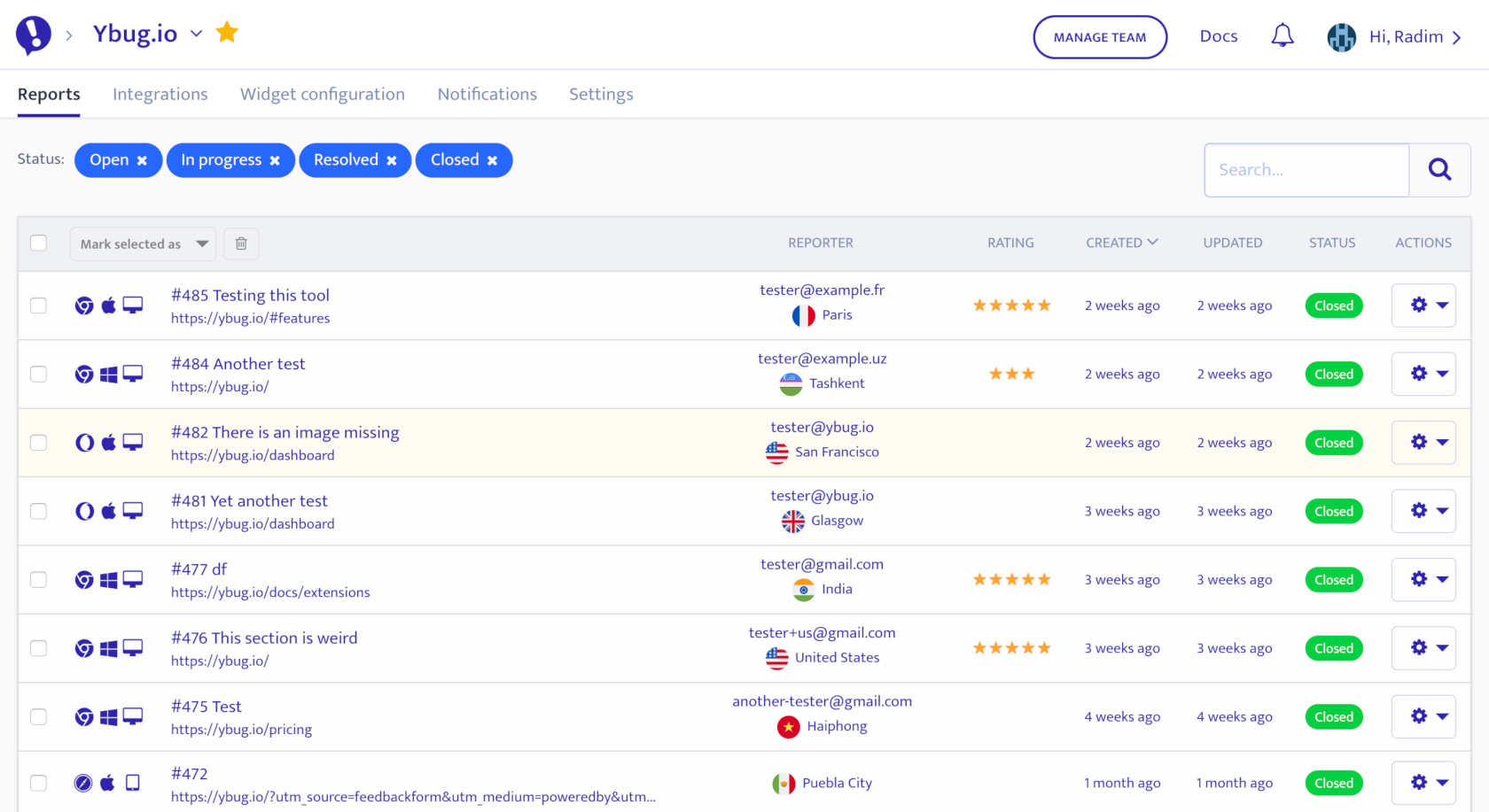 Ybug dashboard - list of feedback reports