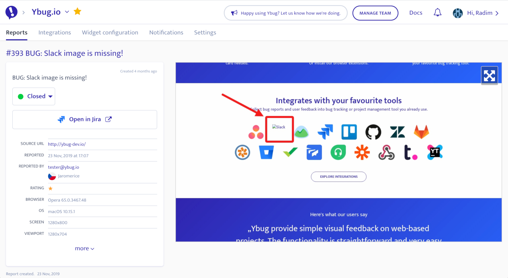 Ybug dashboard - feedback detail