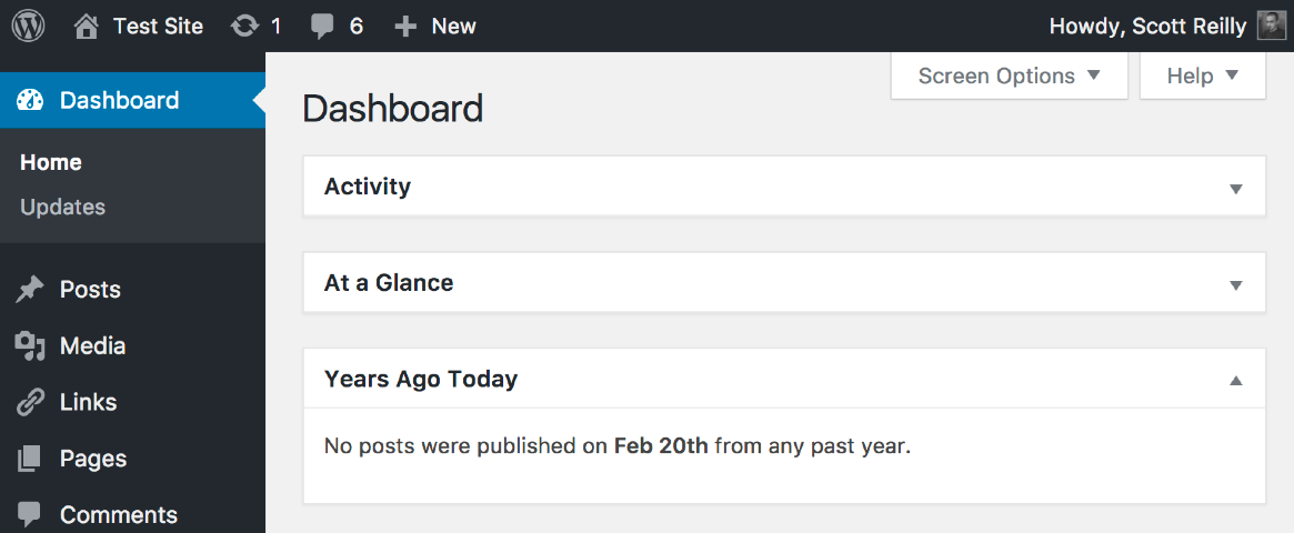 A screenshot of the admin dashboard when no posts were published on the current day in any past year.