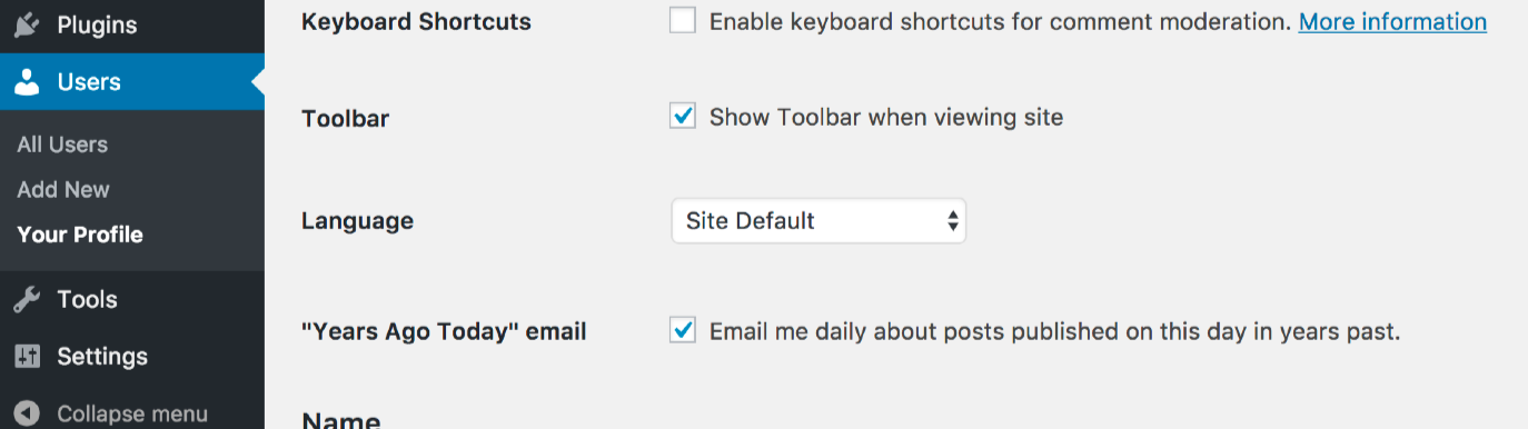 Profile option for opting into receiving a daily email of posts published on the current day in past years.