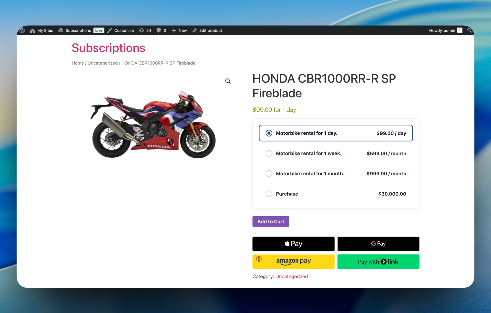 Single product page display with subscription options on the frontend.