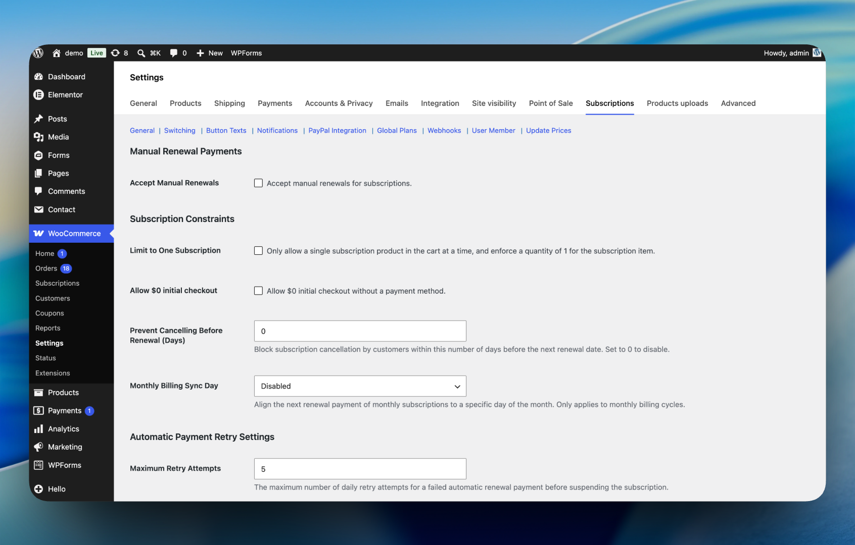 YeeSubscriptions configuration settings under WooCommerce > Settings > YeeSubscriptions.