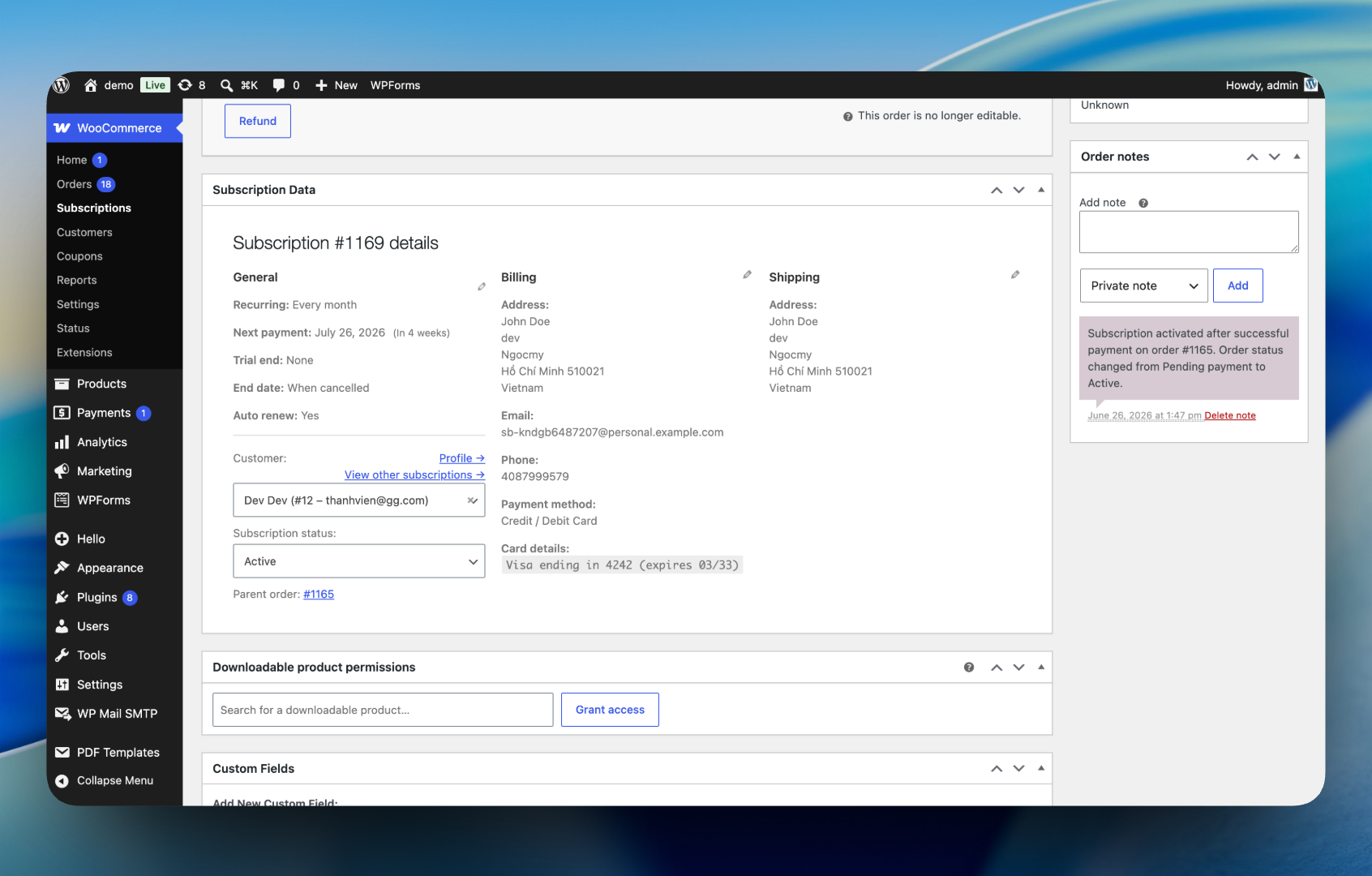 Subscription details view in the Admin Dashboard under Orders > Subscriptions.