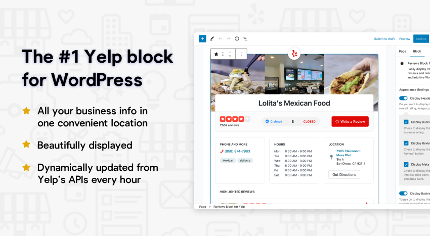 The Reviews Block for Yelp block is the #1 block for displaying Yelp reviews on your WordPress website.