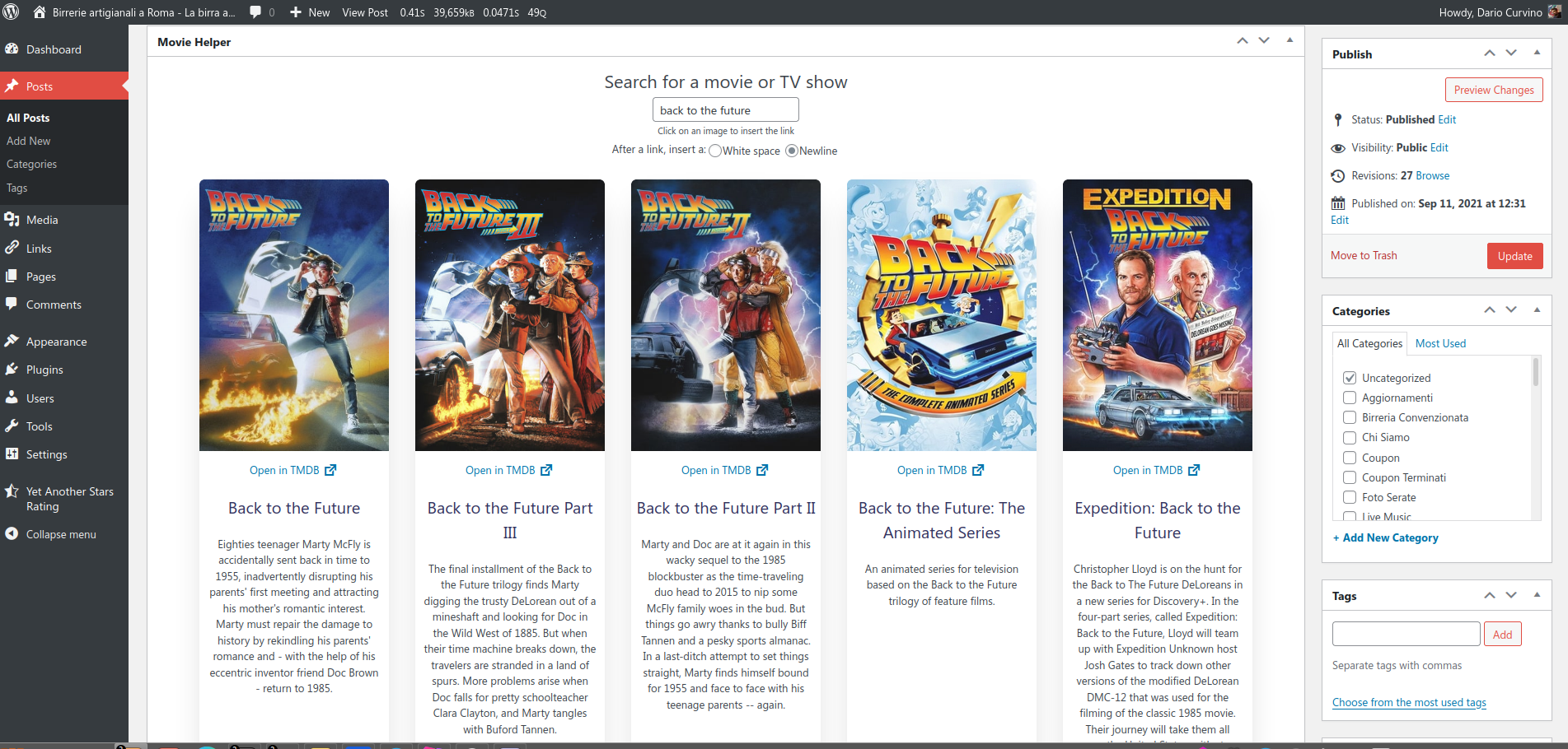 Example of Movie Helper in the classic editor