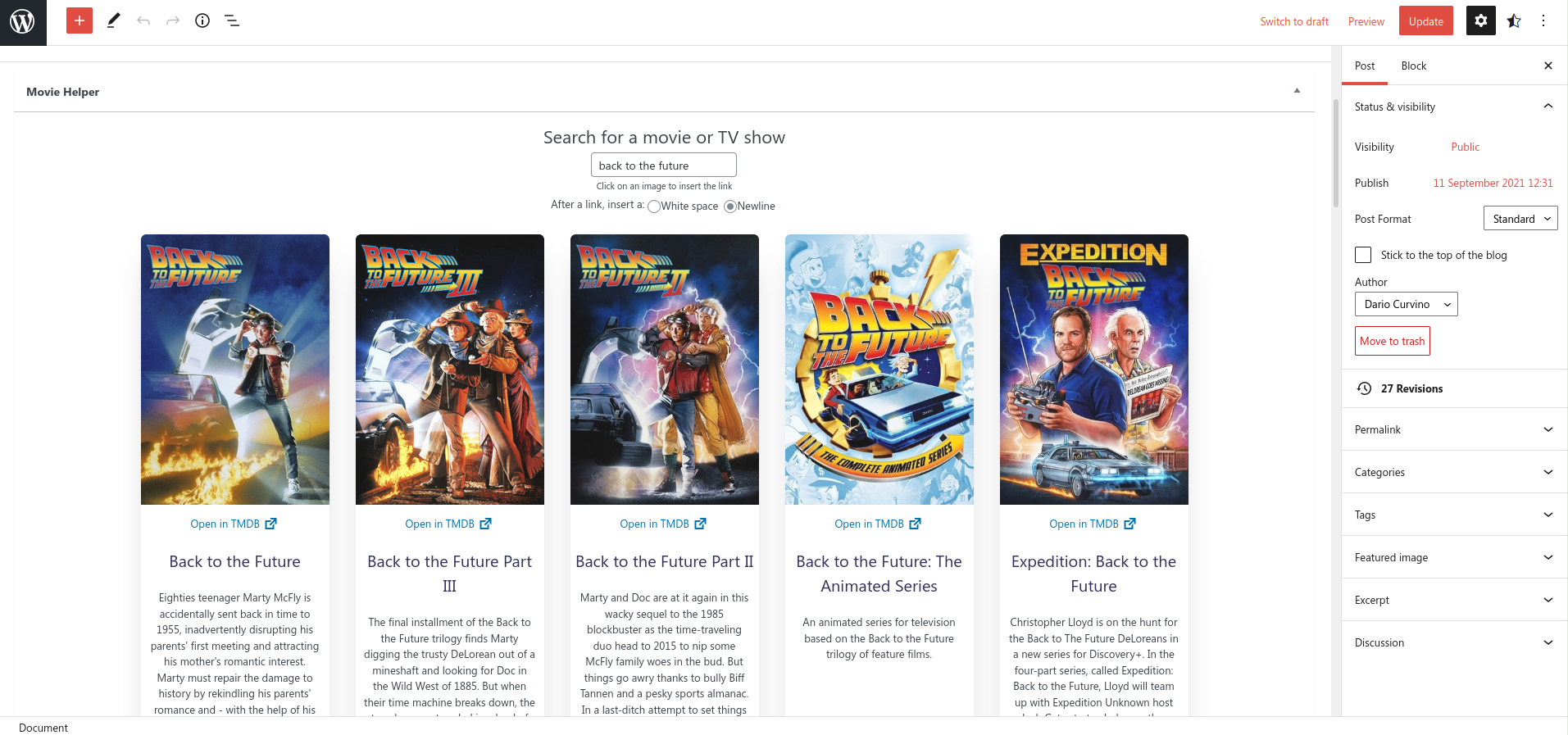 Example of Movie Helper with gutenberg