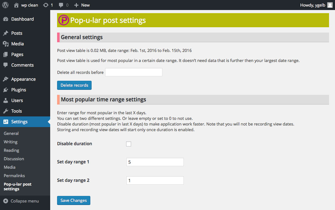 Table and time duration settings.