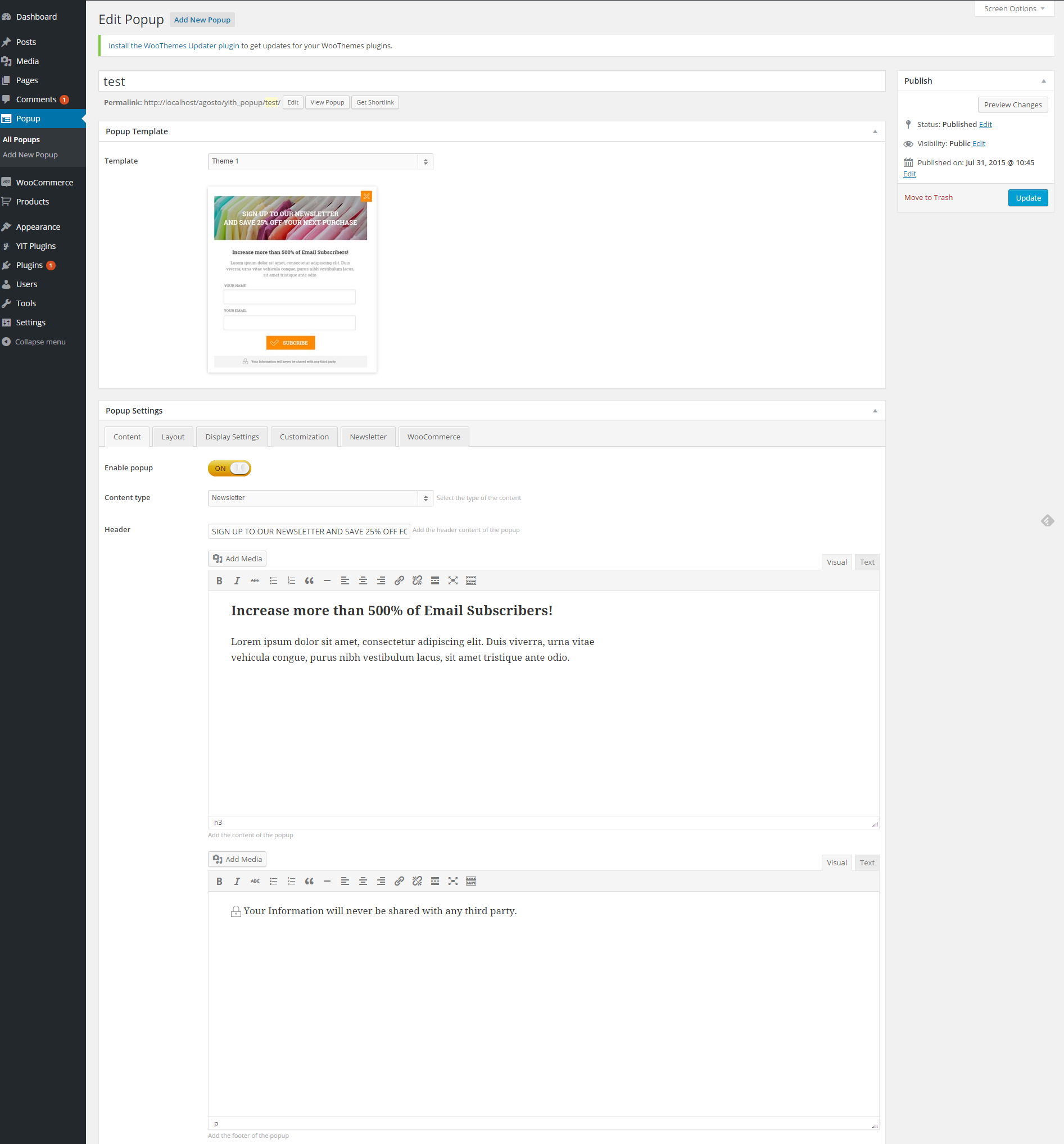 Page for creation of a popup