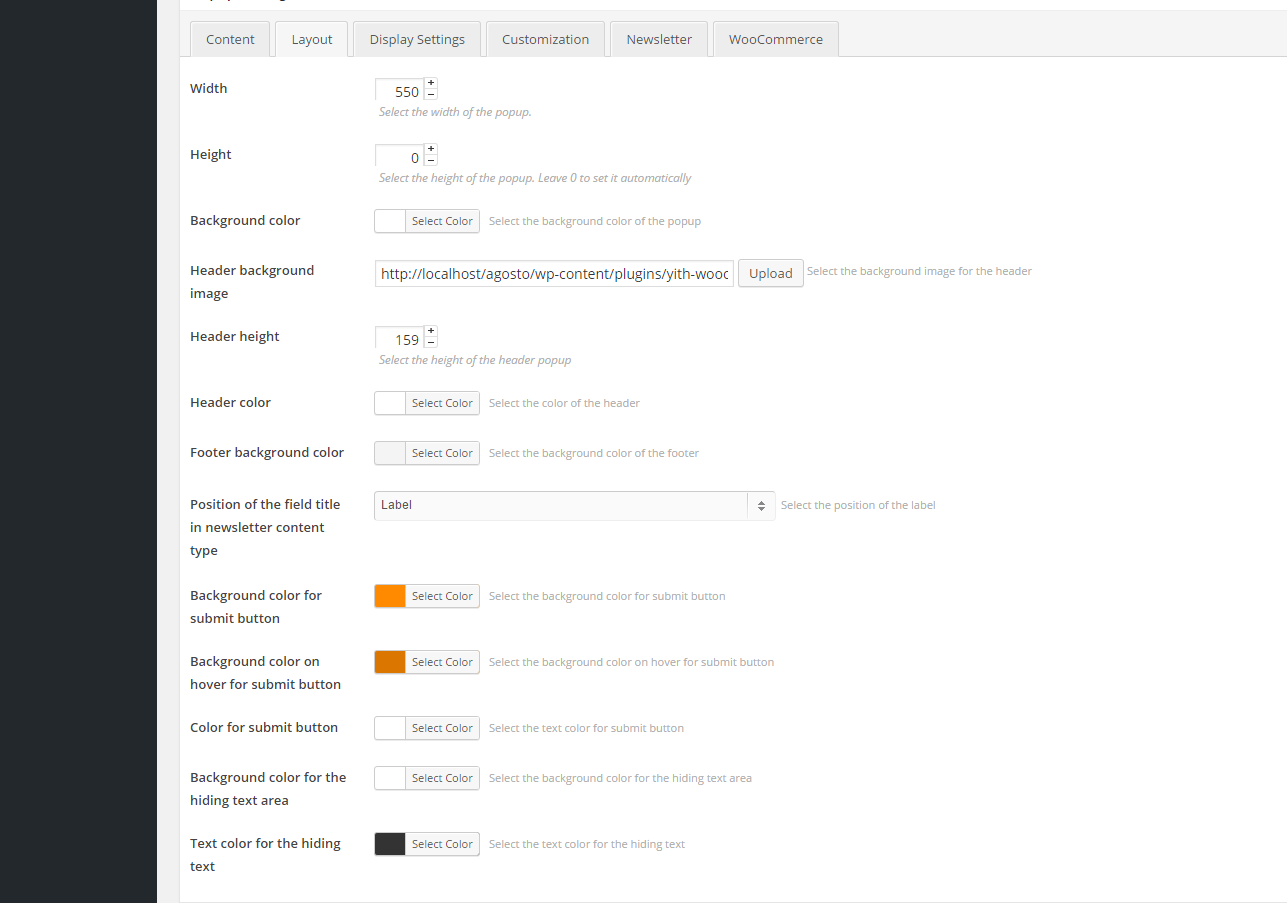 Options for the creation of a popup