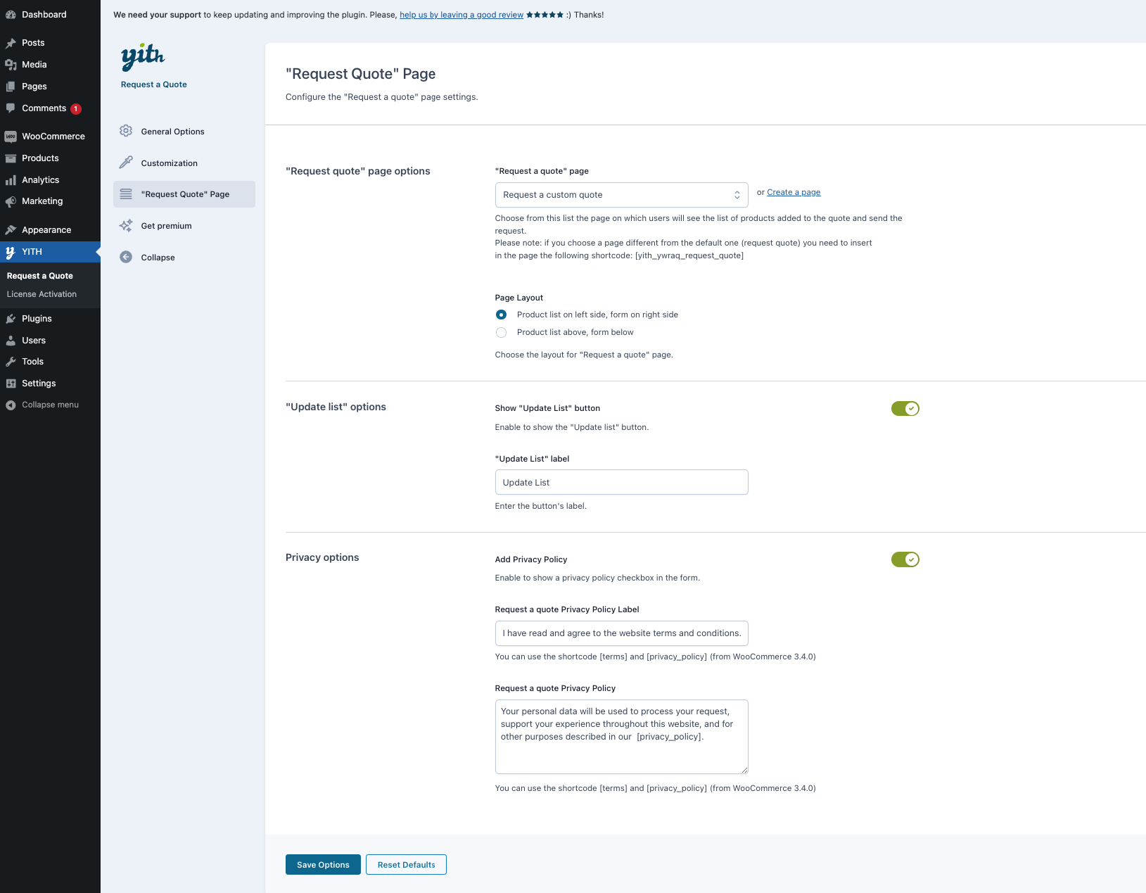 "Request a quote" page options