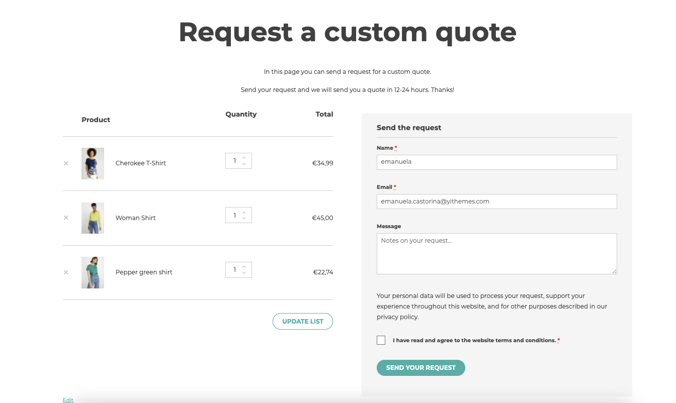 "Request a quote" page
