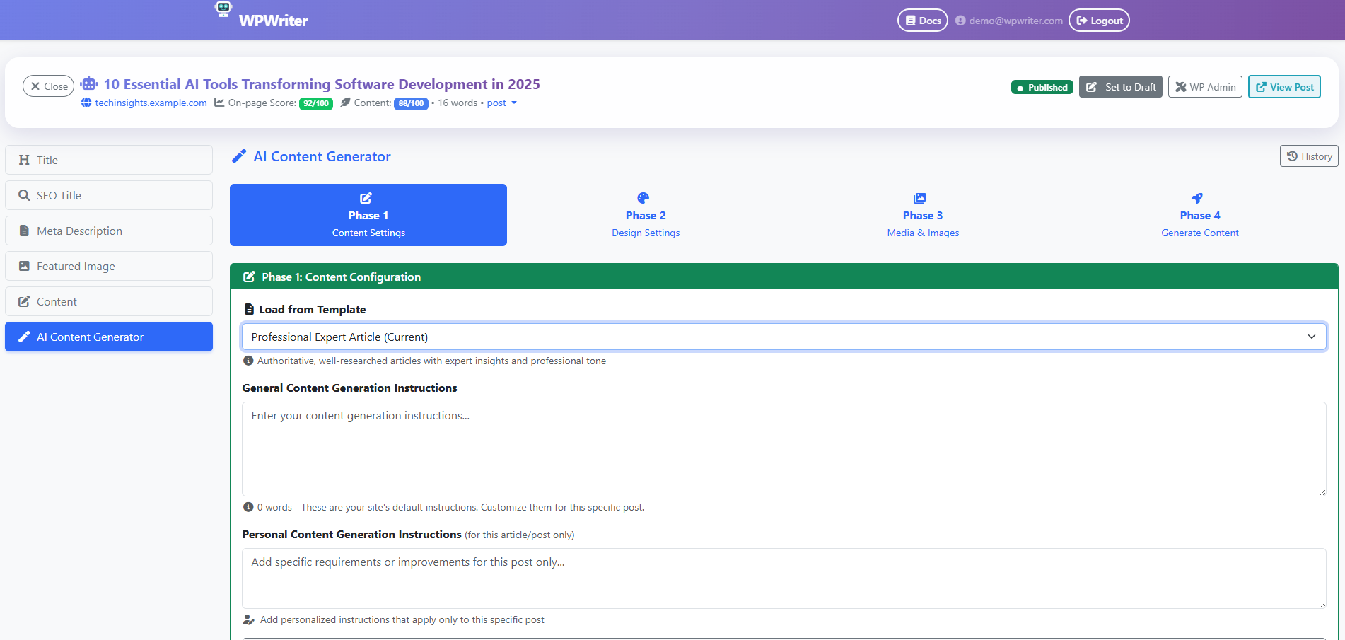 Settings configuration