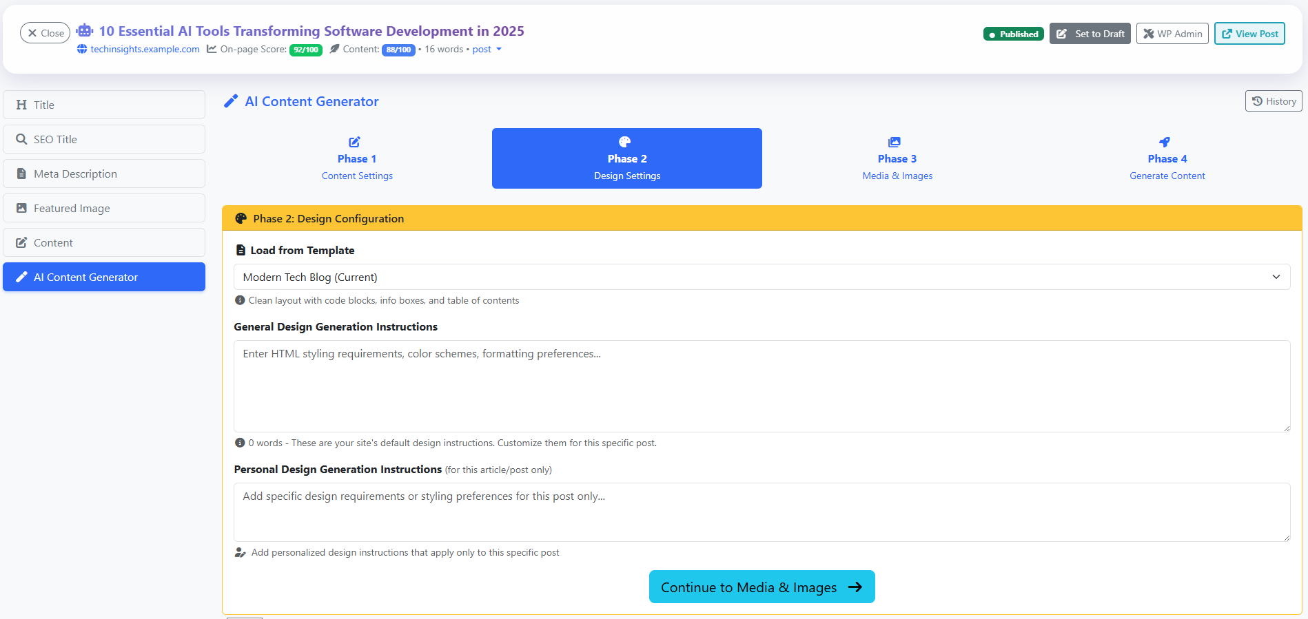 AI Editor: Design Settings — control visual layout with design templates