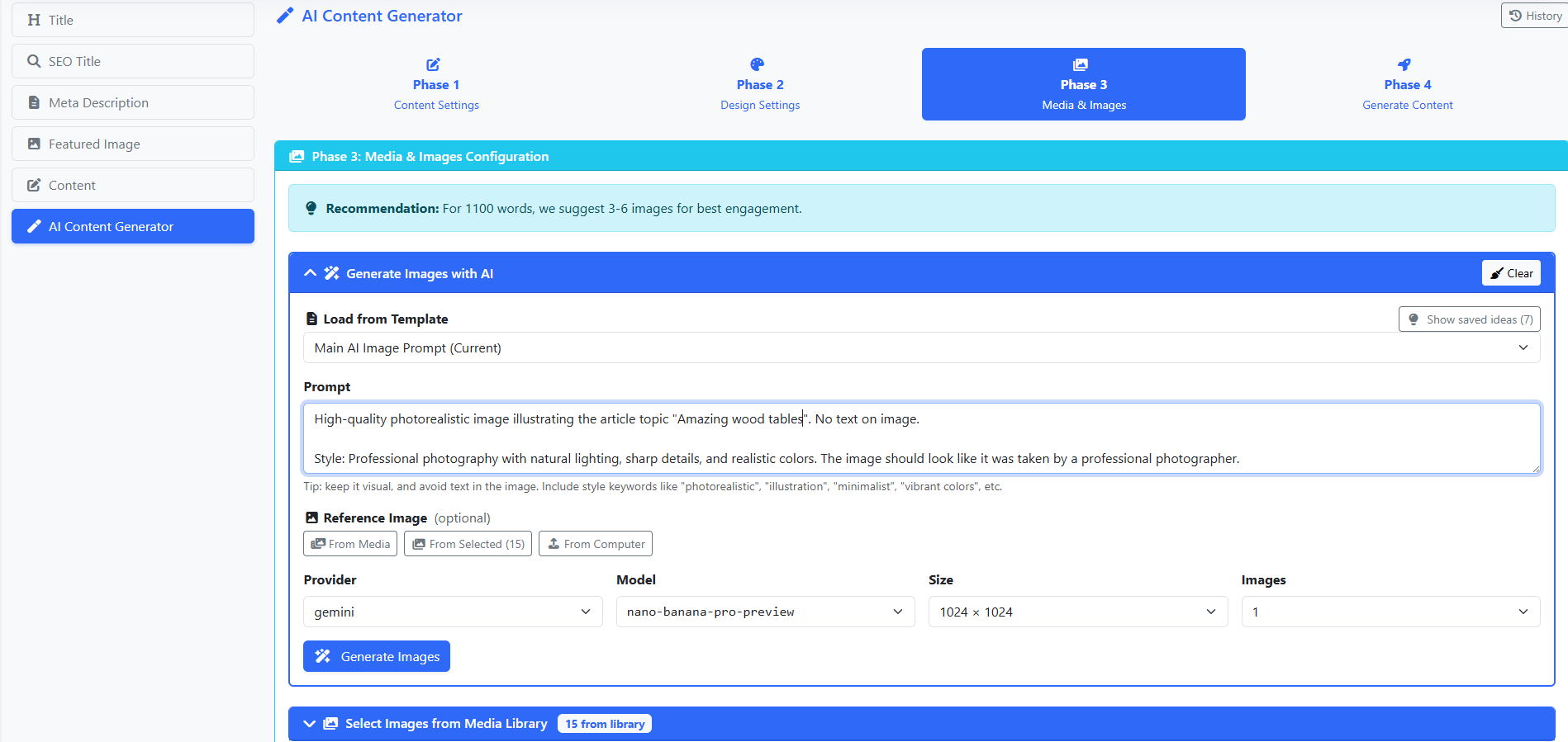 AI Editor: Media & Images — select and manage images for your content