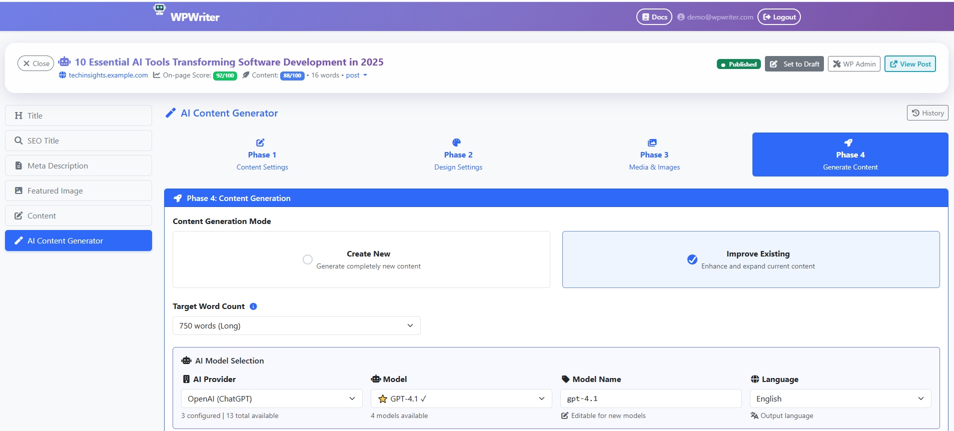 AI Editor: Generate — choose your AI model and generate complete content