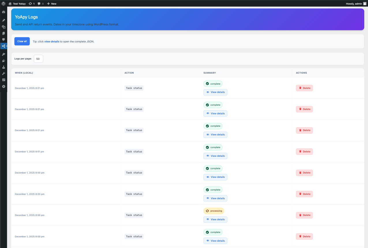 Settings page for API configuration