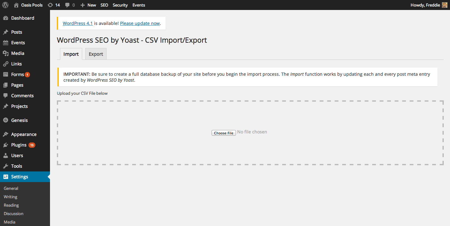 The default page. Here you can upload your CSV file to start the import process.
