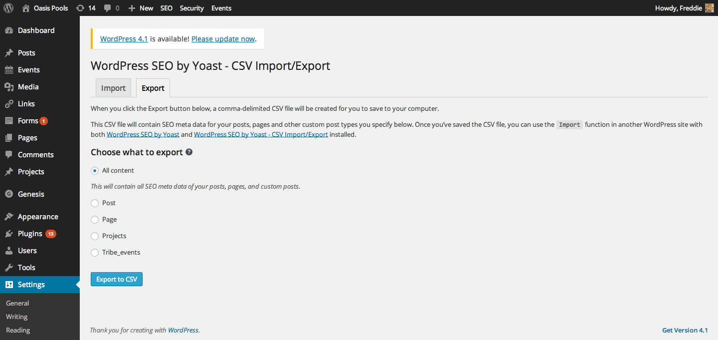 The export tab. Here you can specify the post types you want to export