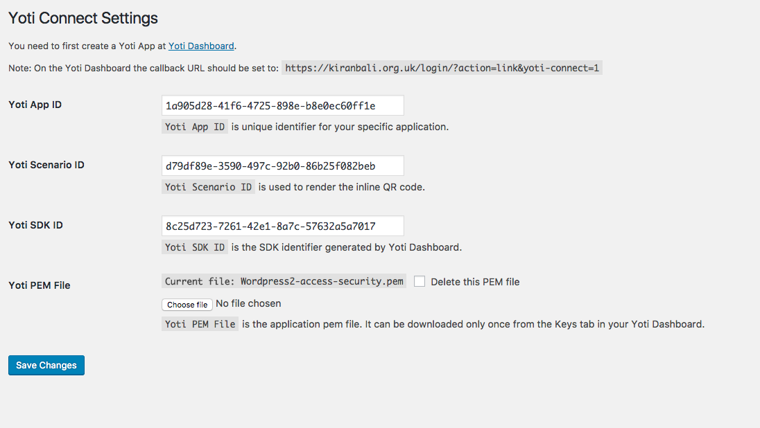 Settings to add into Wordpress from Yoti Dashboard