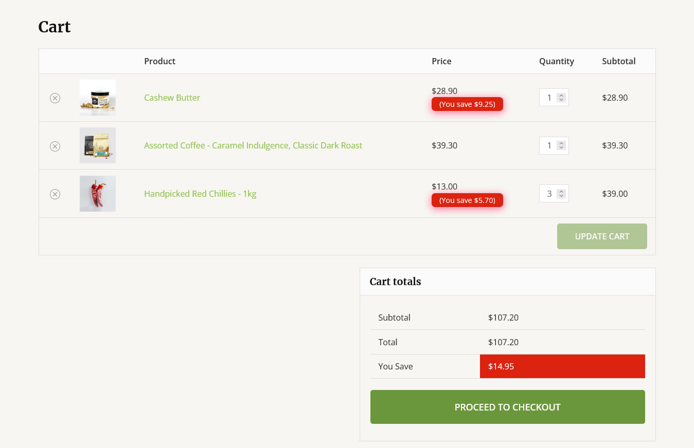 Cart page (for cart that uses classic Woocommerce shortcode).