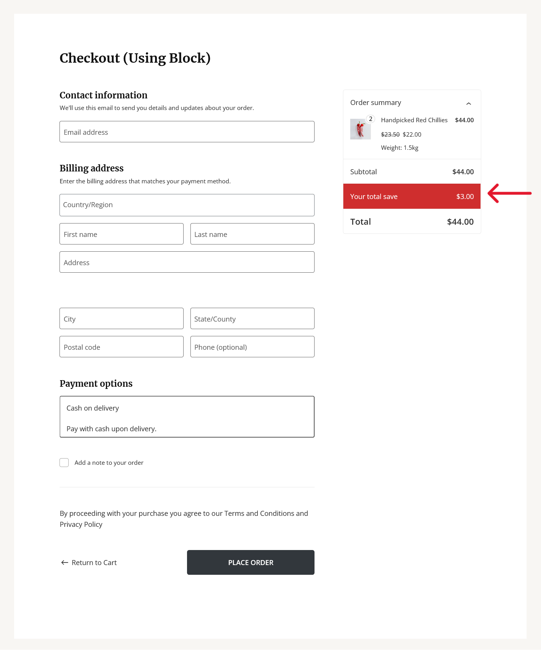 Checkout page (for cart that uses Woocommerce checkout block).