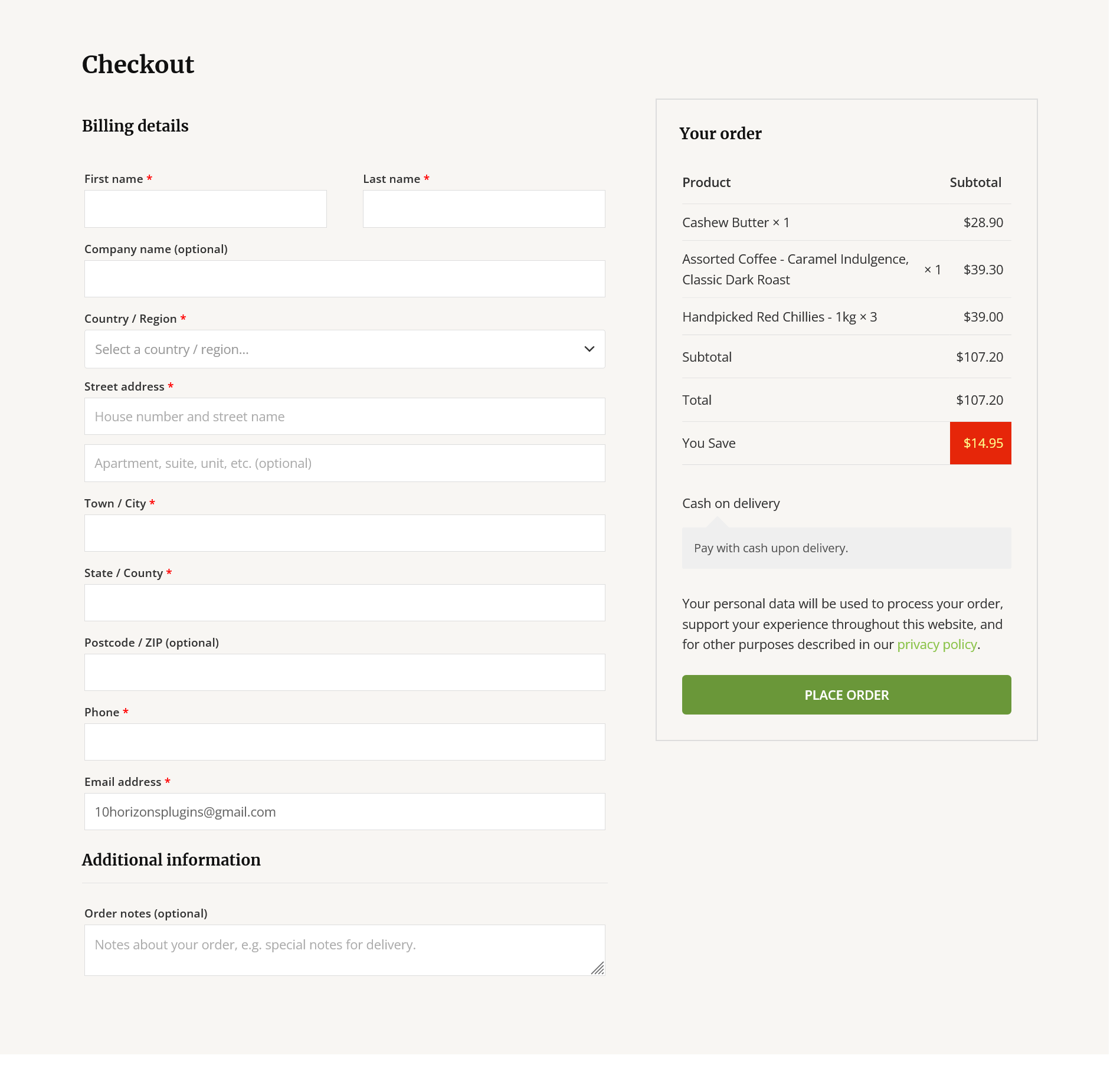 Checkout page (for checkout page that uses classic Woocommerce shortcode).