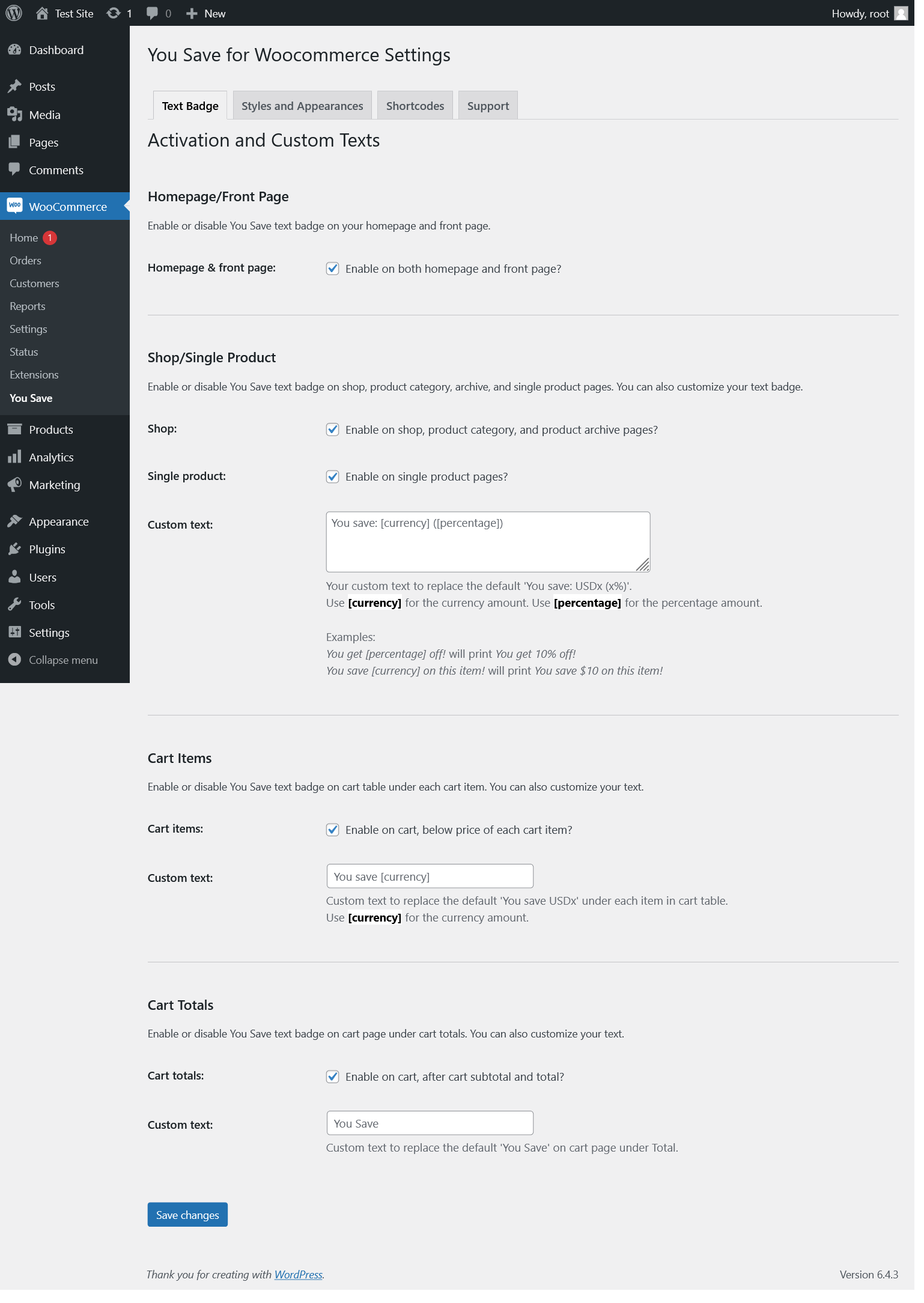 Settings page.