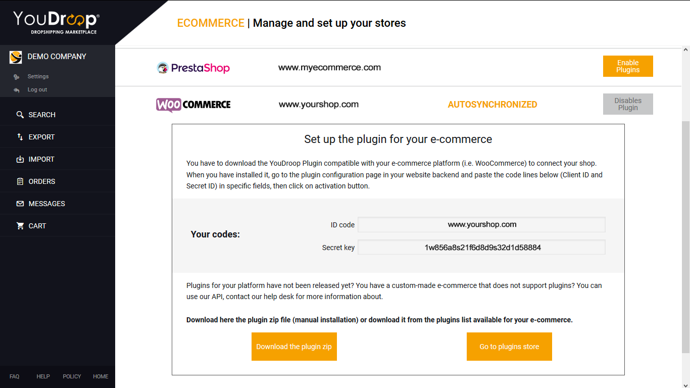 Copy your API keys from YouDroop Settings
