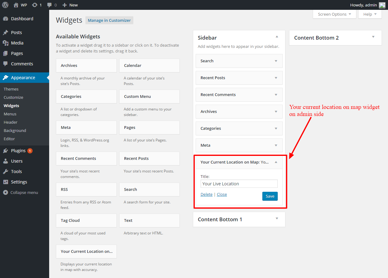 Your Current location on sidebar widget admin side