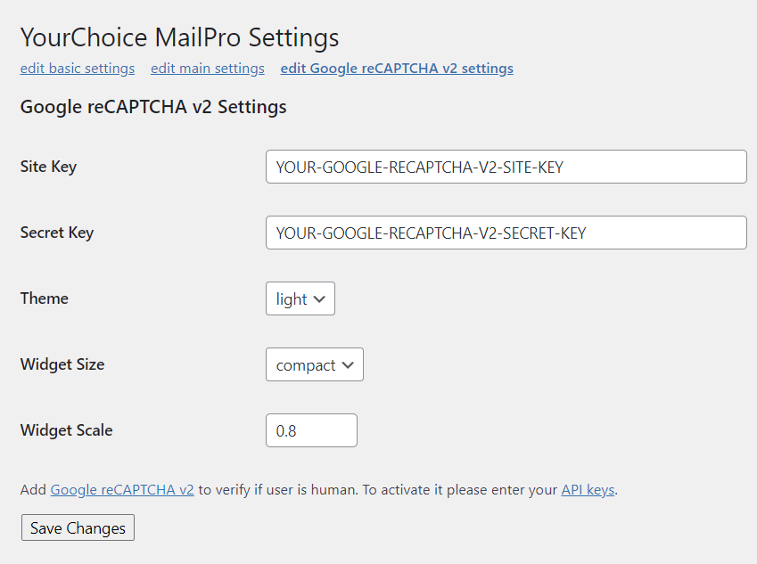 Admin View of the Google reCAPTCHA v2 Settings