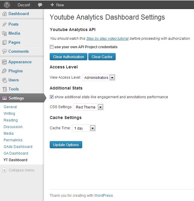 YouTube Analytics Dashboard Settings