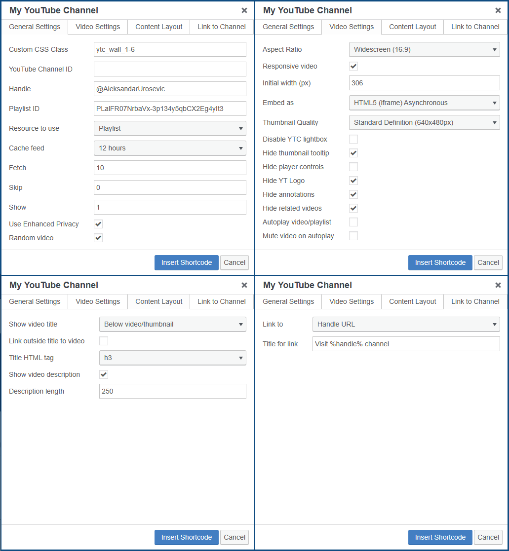 TinyMCE form to easy configure My YouTube Channel shortcode for content