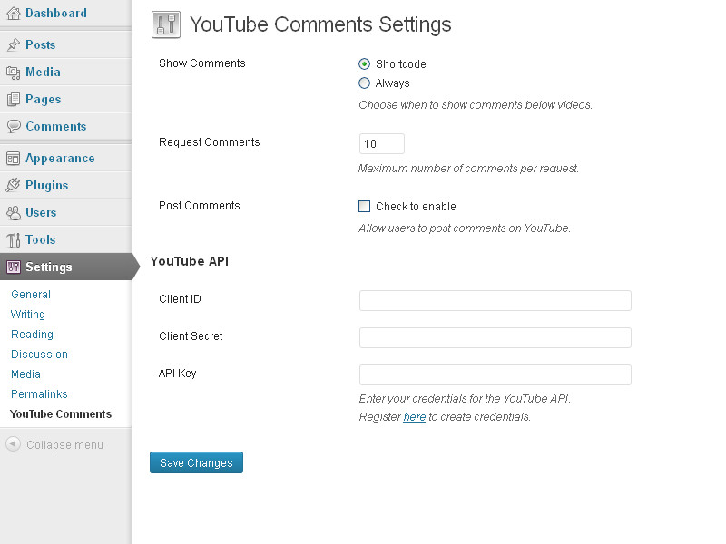 Settings panel