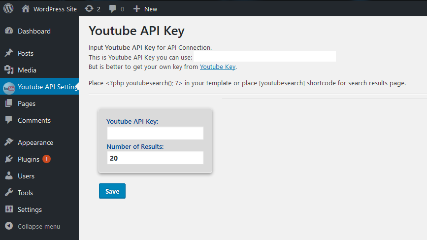 Youtube API key setting and number of results fields.