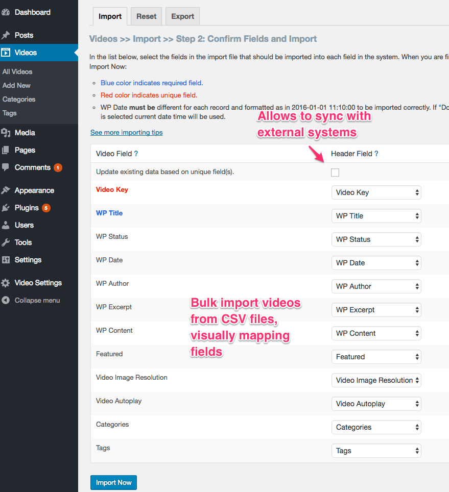 [eMD CSV Import Export Extension](https://emdplugins.com/plugin-features/youtube-showcase-importexport-addon/) for bulk import/export from/to CSV files