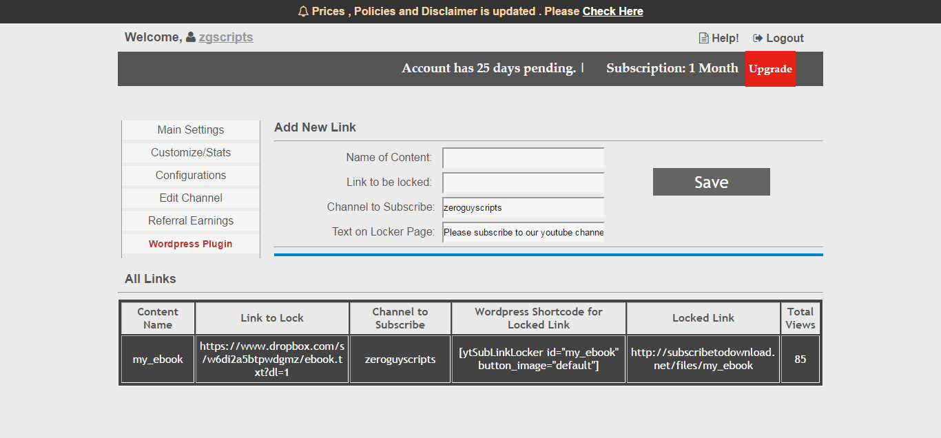 Fully featured User Panel to add/customize links.