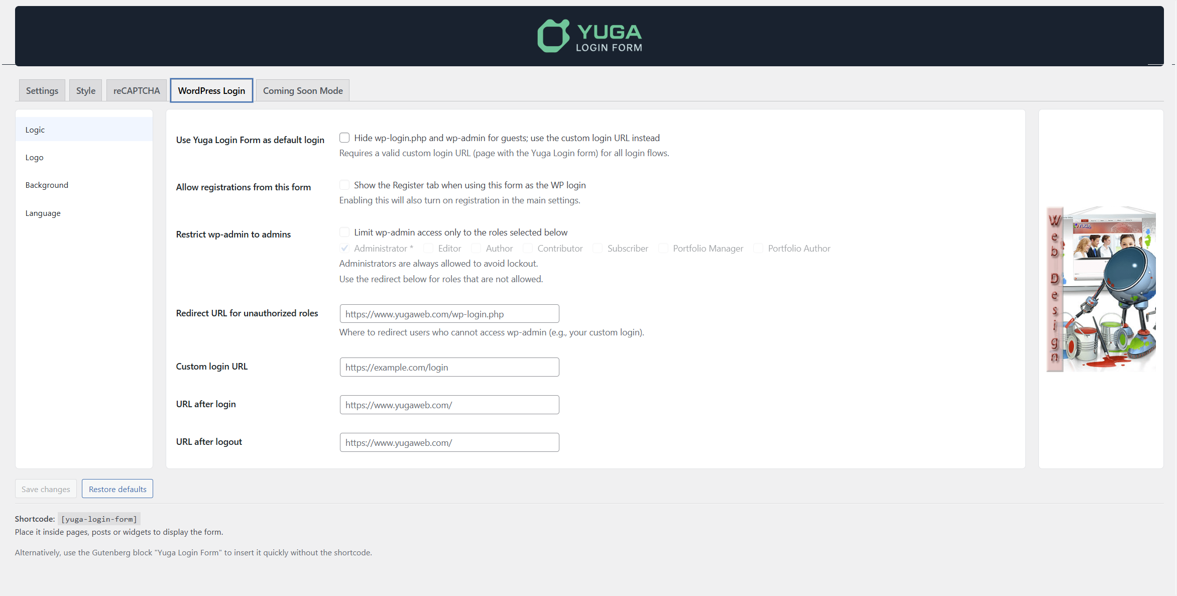 Tab WordPress Login (login replacement that hides wp-login/wp-admin, custom URL, dedicated background/logo, wp-admin access by role).