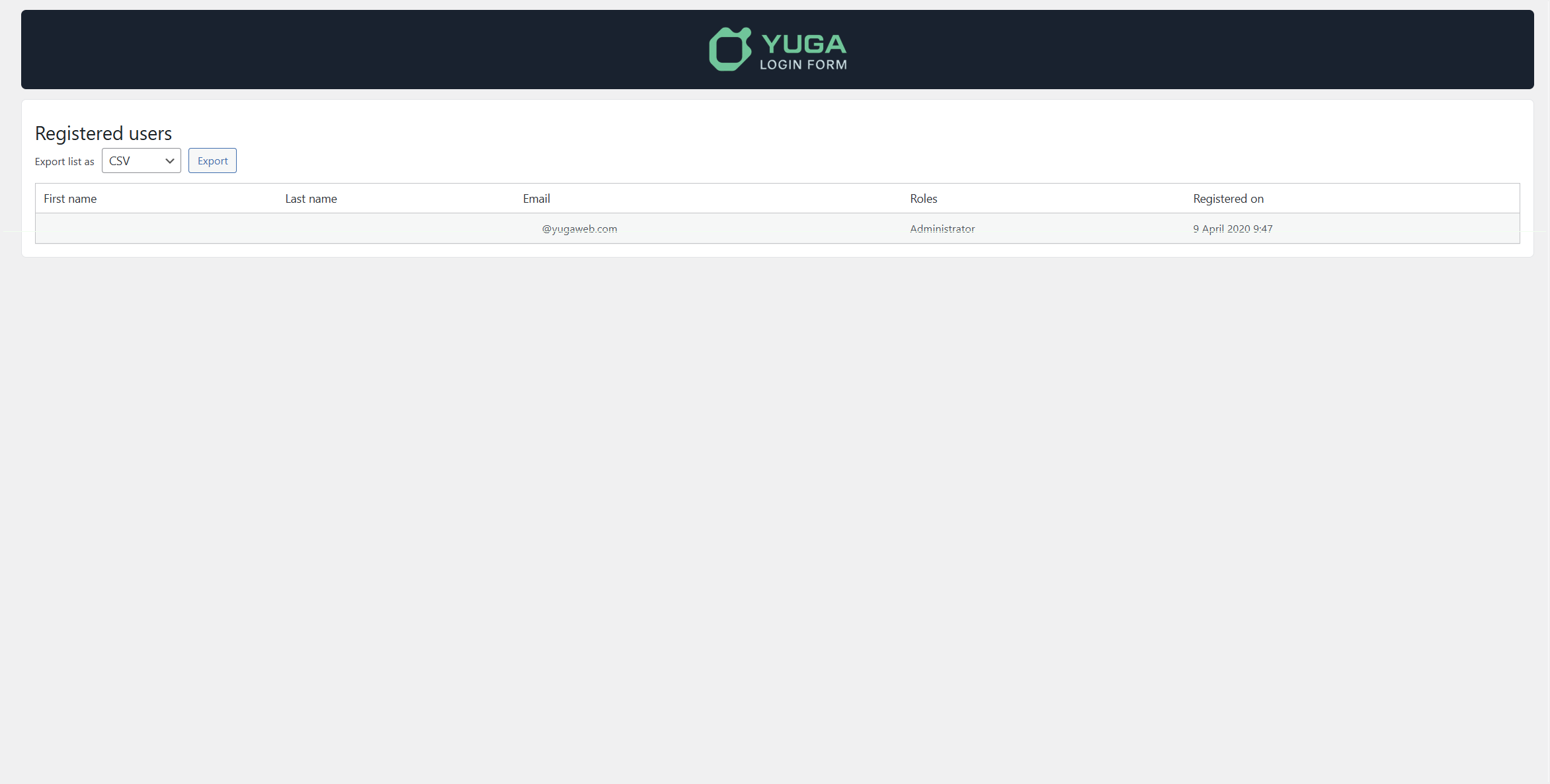Registered users list with CSV/XLS export.