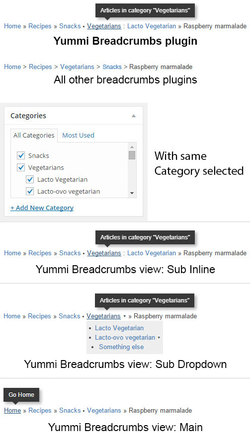 A screenshot show differences between Yummi Breadcrumbs and others breadcrumbs plugins