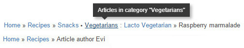 This screenshot shows 2 different examples of breadcrumbs and SubCategories configuration in post generated by Yummi Breadcrumbs