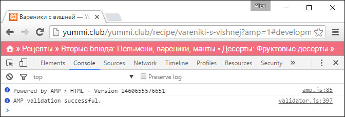 A screenshot of the AMP validation test
