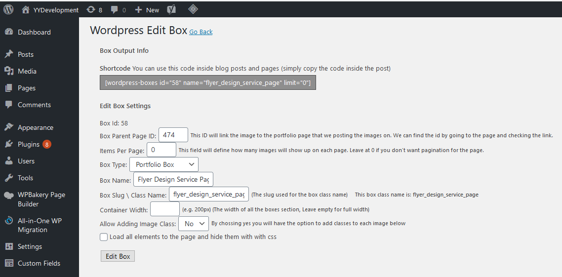 Photo gallery settings box