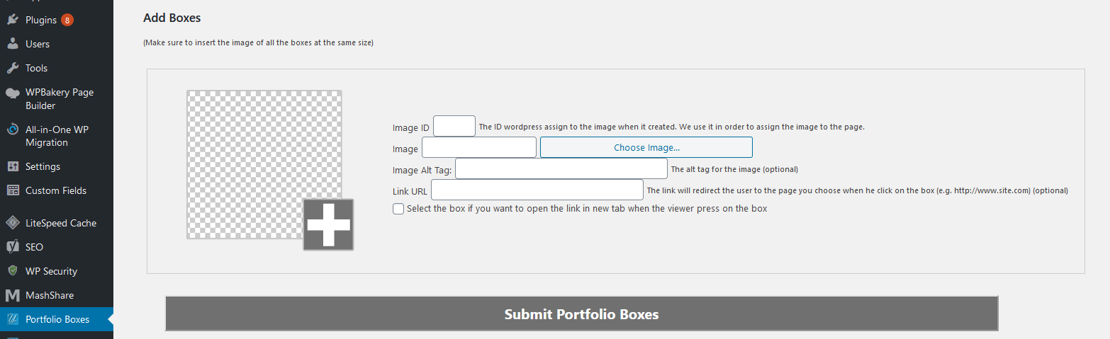 The window where you can add new boxes/photos to the gallery