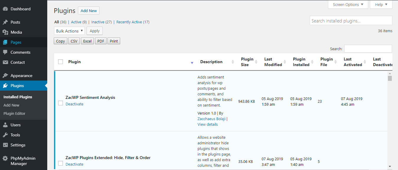 Plugins List with extra columns and download buttons
