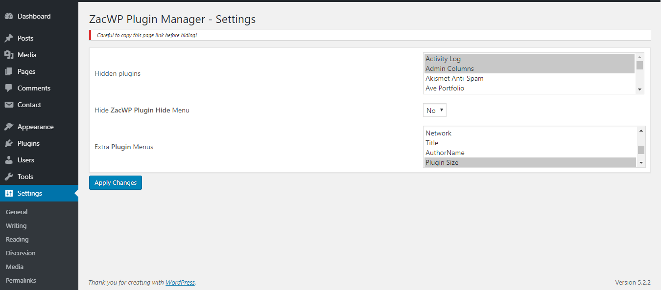 Plugins Hide Settings Page