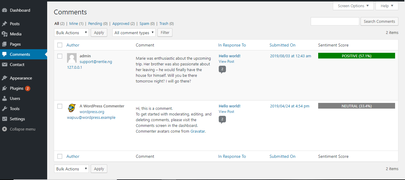 `Sentiment Analysis` column in comments