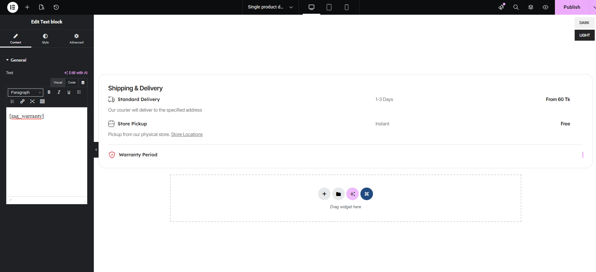 Use Shortcode [zag_warranty] on Single Product Page template / Product Description