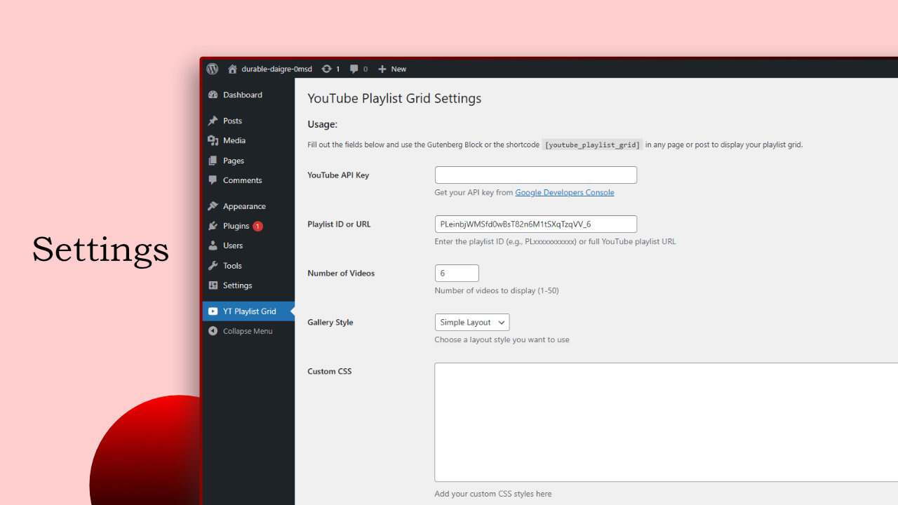 Settings page – Enter API key & playlist link
