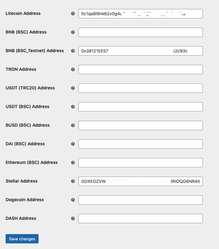 The settings panel used to configure the gateway (wallet input).