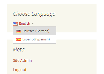 Default Front end Language switcher added using either the inbuilt language switcher widget or custom code provided in the plugin settings that you place anywhere in your theme template.